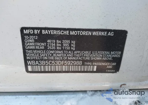 2013 BMW 328I xDrive z USA, uszkodzony, nr VIN WBA3B5C53DF592988